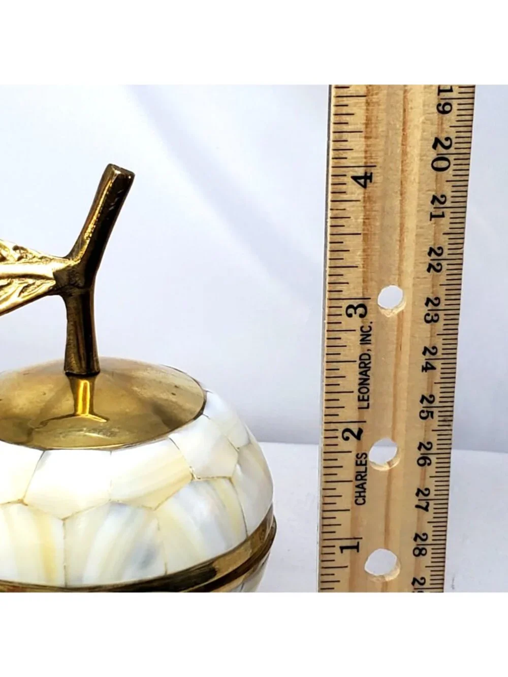 Mother Of Pearl and Brass Decorative Apple Trinket Box Lid And Leaf Accent